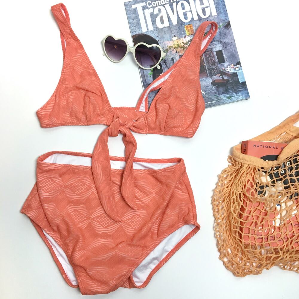 New ASOS swim suit Coral pink crochet high waist bikini set Size 6 NWT